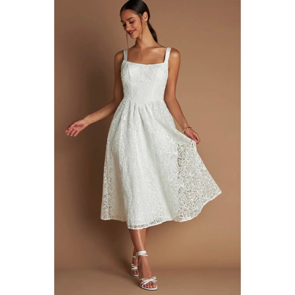 Azazie Atelier Deia White Battenburg Lace Bow Midi Dress  Sz 18